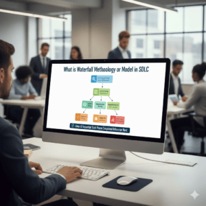 Waterfall Methodology in SDLC infographic showing sequential phases including requirements gathering, system design, development, testing, deployment, and maintenance.