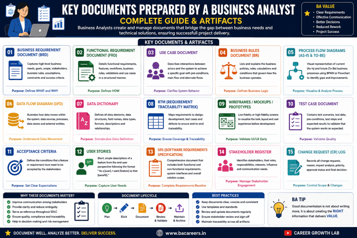 Business Analyst documentation infographic showing key project artifacts including BRD, FRD, SRS, User Stories, Use Cases, RTM, Process Flow Diagrams, Wireframes, Test Cases, Data Dictionary, Stakeholder Register, and Change Request Log.