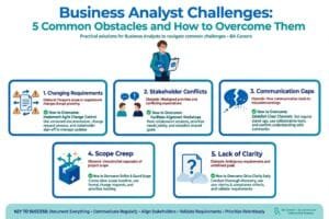 Infographic showing 5 common business analyst challenges including changing requirements, stakeholder conflicts, communication gaps, scope creep and lack of clarity with practical solutions to overcome them for BA Careers