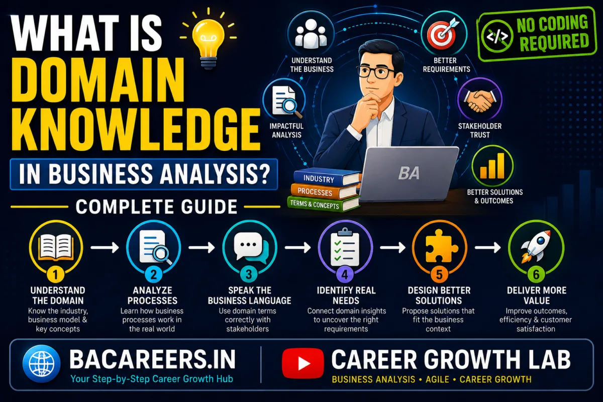 Illustration explaining domain knowledge in business analysis, showing how business analysts use industry expertise to understand business processes, gather requirements, communicate with stakeholders, and deliver better business solutions.