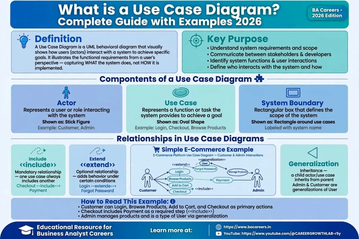 Complete guide infographic to use case diagram showing definition, key purpose, components like actor use case system boundary, relationships include extend generalization, and e-commerce example