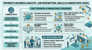An infographic detailing the core skills of a Payments Business Analyst, highlighting ISO 20022 standards, real-time payment rails, open banking APIs, and compliance.