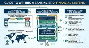 An infographic detailing how to write a banking BRD, outlining ledger integration, FX processing, and a financial checklist.