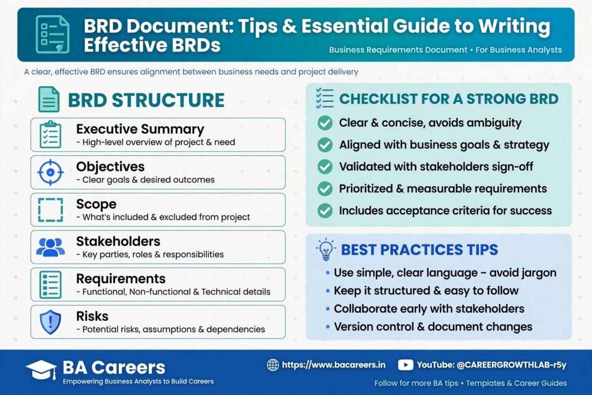 Infographic guide for BRD document structure showing executive summary, objectives, scope, stakeholders, requirements, risks, with checklist for strong BRD and best practices tips for business analysts