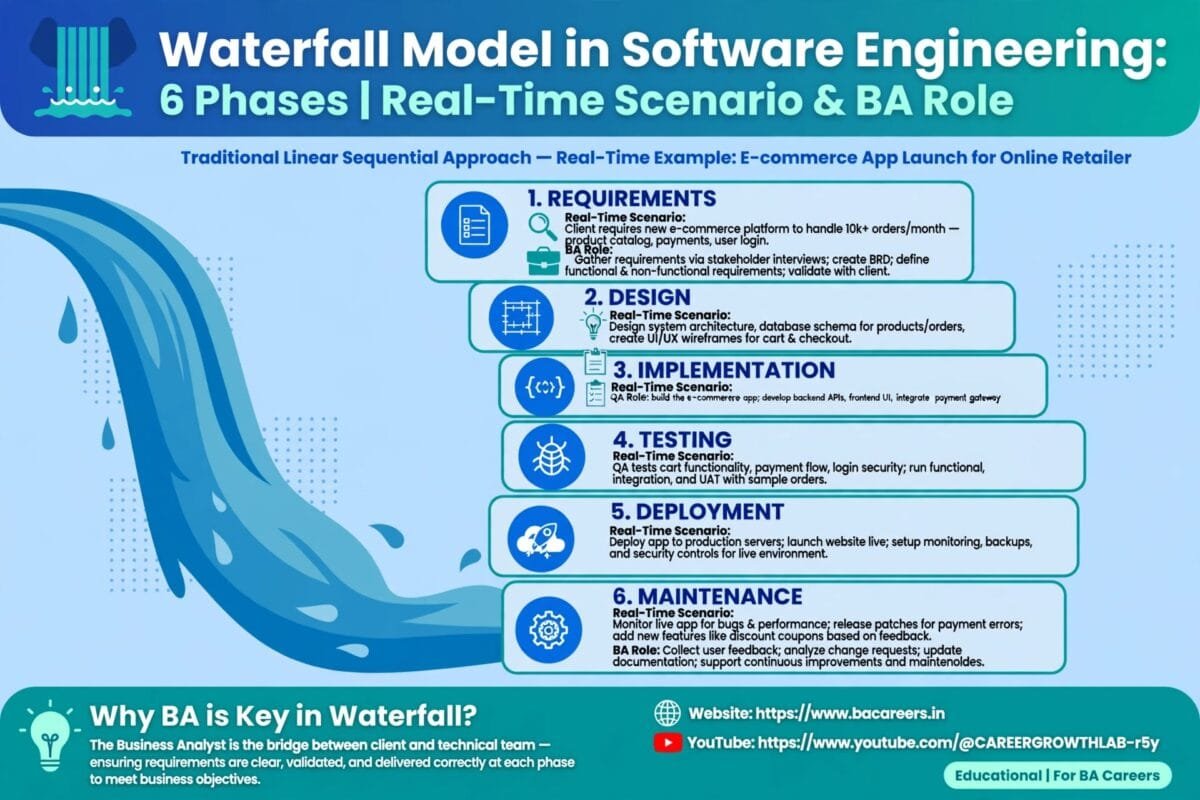 Waterfall Model in Software Engineering: 6 Phases, Real-Time Scenario & BA Role
