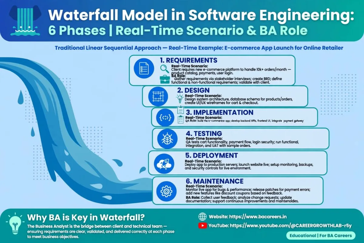 Waterfall Model in Software Engineering: 6 Phases, Real-Time Scenario & BA Role