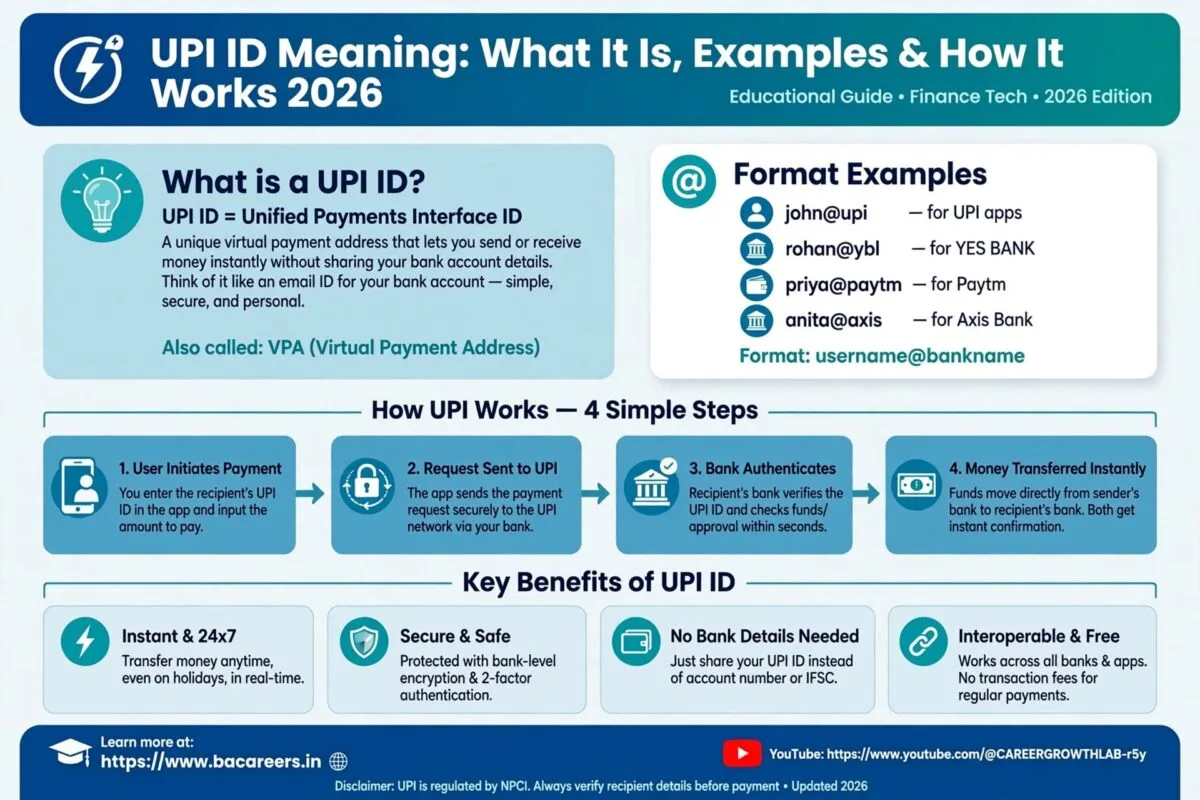 UPI ID meaning infographic explaining what is UPI ID Unified Payments Interface ID also called VPA with format examples username at bankname and 4 steps of how UPI works and key benefits