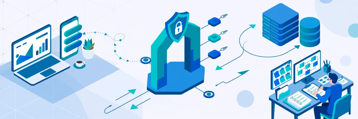 Isometric illustration of API architecture showing client requests from laptop and mobile through secure API gateway with endpoints to servers and databases and business analyst documenting API requirements