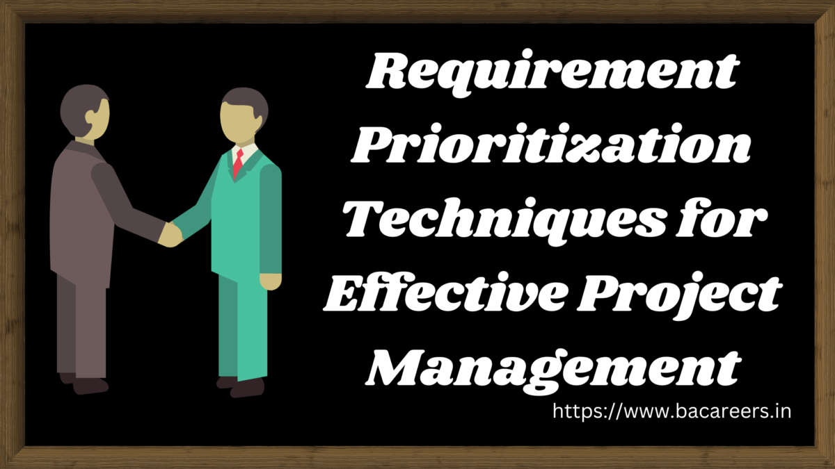 Requirement prioritization techniques infographic showing MoSCoW, Kano Model, Value vs Effort, Weighted Scoring, 100-Dollar Method, and RICE frameworks used by Business Analysts and Product Owners.