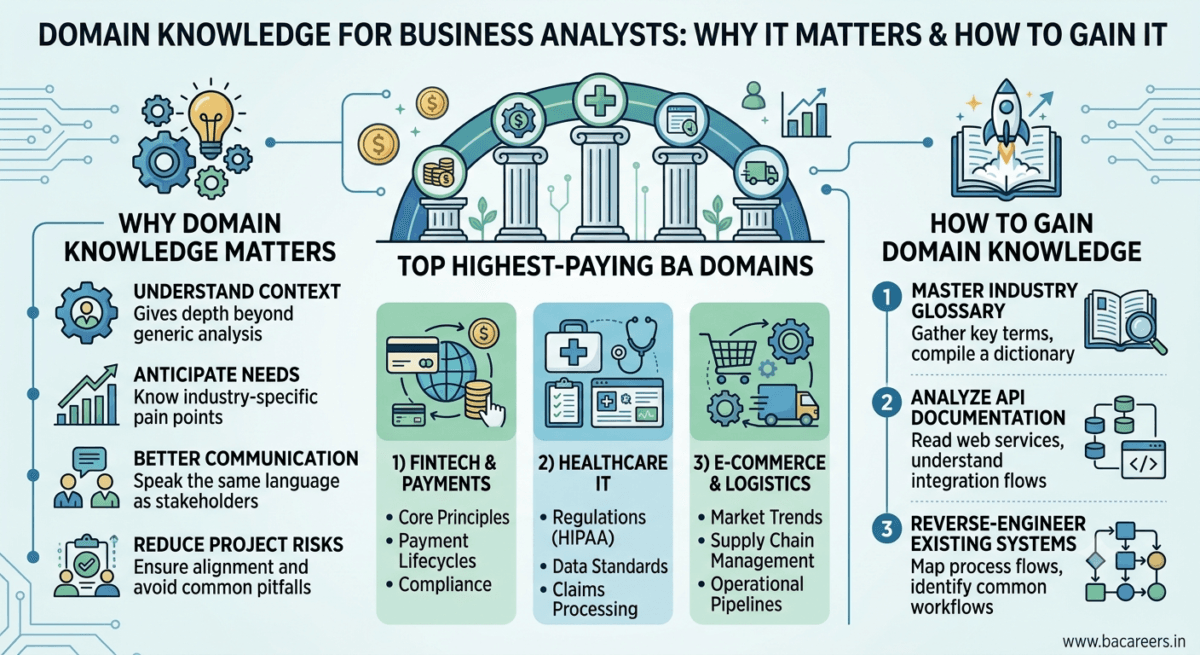 An infographic explaining domain knowledge for Business Analysts, highlighting top domains like Fintech, Healthcare, and E-Commerce alongside steps to gain expertise.