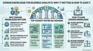 An infographic explaining domain knowledge for Business Analysts, highlighting top domains like Fintech, Healthcare, and E-Commerce alongside steps to gain expertise.