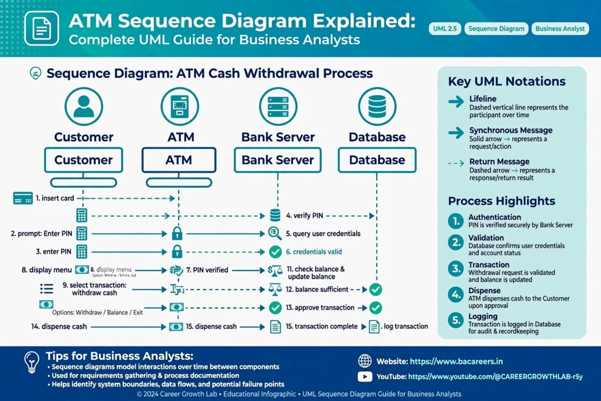 ATM cash withdrawal sequence diagram infographic showing interactions between Customer ATM Bank Server Database with UML notations lifeline synchronous return messages and 5 process highlights for BAs