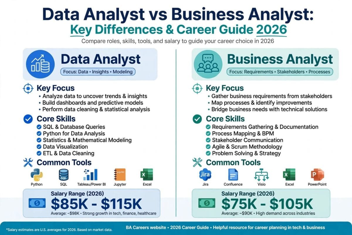 Comparison infographic of Data Analyst vs Business Analyst showing key focus, core skills, common tools like Python SQL Tableau Jira, and salary ranges for 2026 career guide