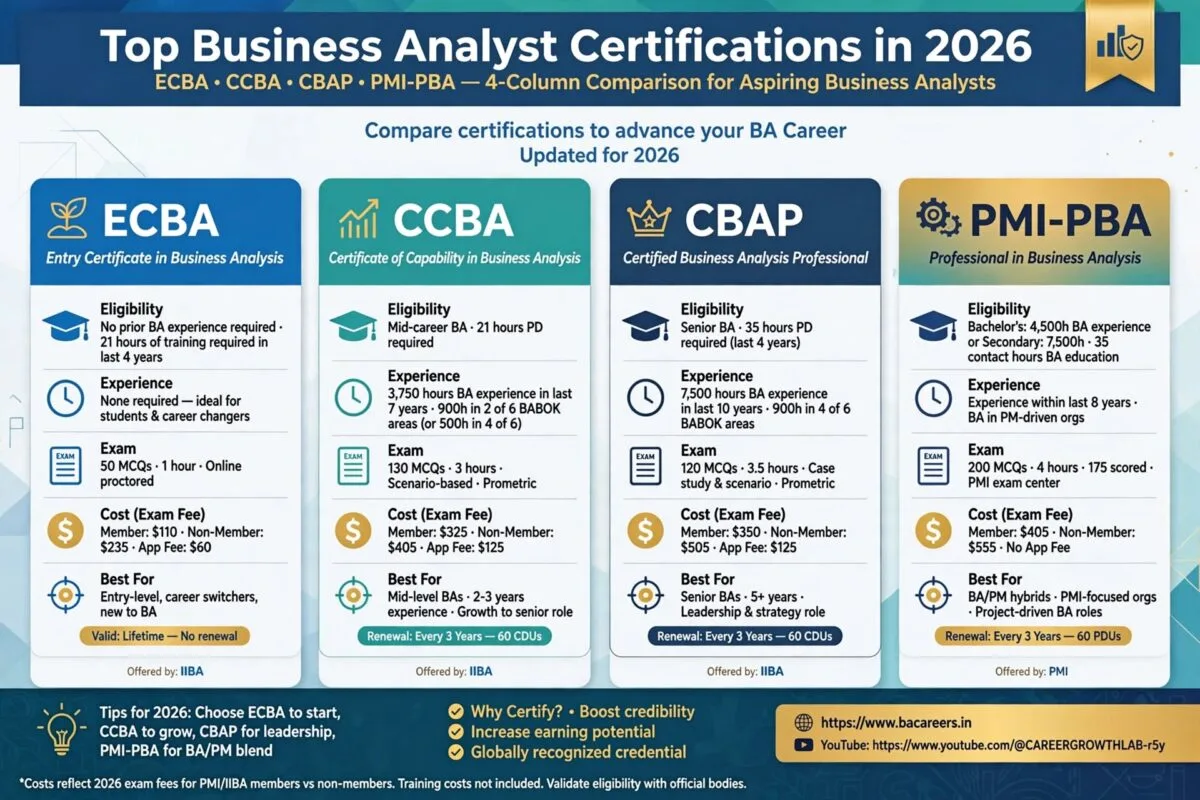 Top Business Analyst Certifications in 2026: ECBA, CCBA, CBAP & PMI-PBA