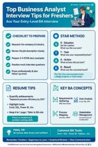 Infographic with top business analyst interview tips for freshers showing checklist to prepare, STAR method examples, resume tips, key BA concepts and common tools for entry-level BA interview