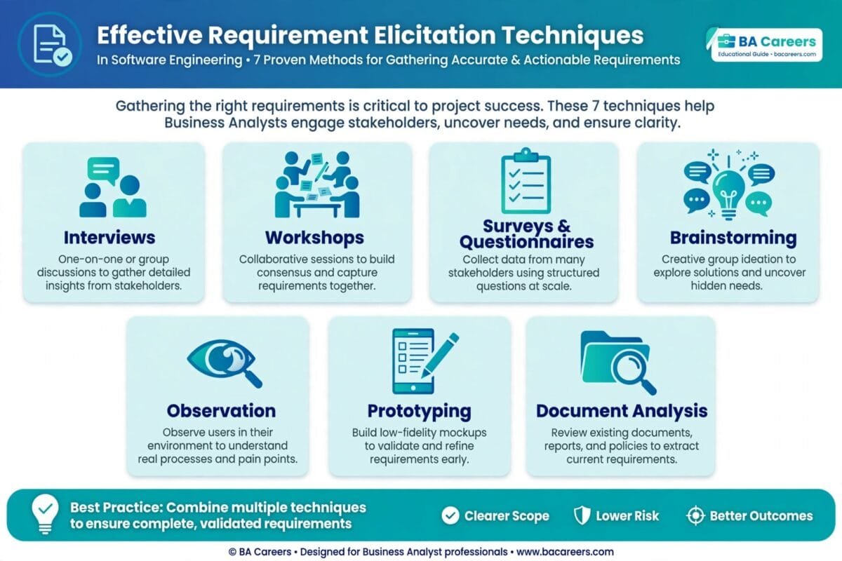 Infographic showing 7 effective requirement elicitation techniques in software engineering including interviews, workshops, surveys, brainstorming, observation, prototyping and document analysis for business analysts