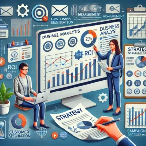 Business Analysis in Digital Marketing infographic showing business goals, customer journey, marketing requirements, KPI analysis, campaign performance, conversion funnels, and data-driven optimization.