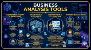 Essential software and management tools used by business analysts including Jira and Confluence