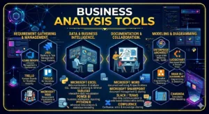 Essential software and management tools used by business analysts including Jira and Confluence