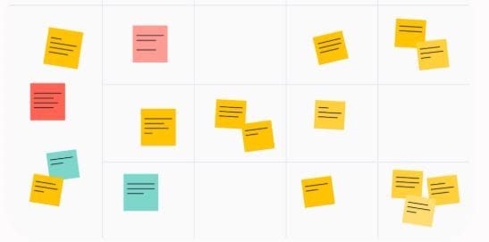 An artistic representation of professional team members collaborating and organizing tasks on a multi-column Scrum or Kanban-style task board.