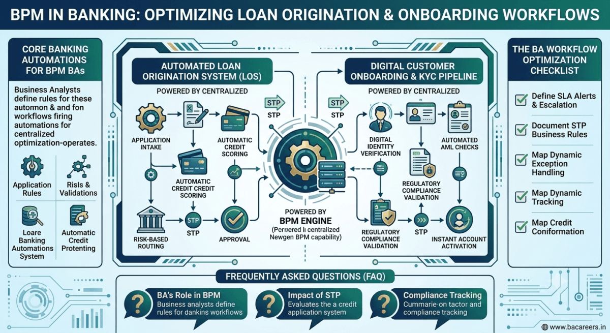 An infographic detailing BPM optimization in banking, highlighting automated loan origination systems, digital onboarding pipelines, and a BA checklist