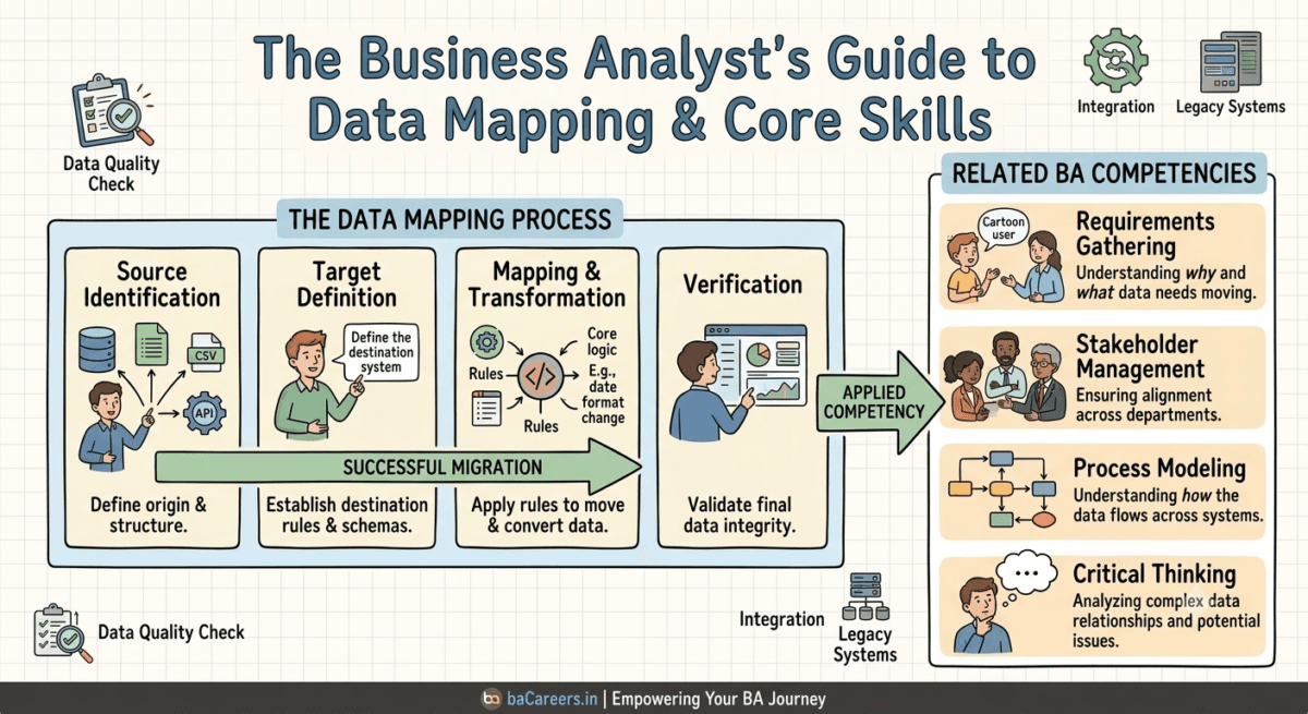 A Business Analyst guide chart to the data mapping process showing source identification, target definition, transformation rules, and data verification phases.