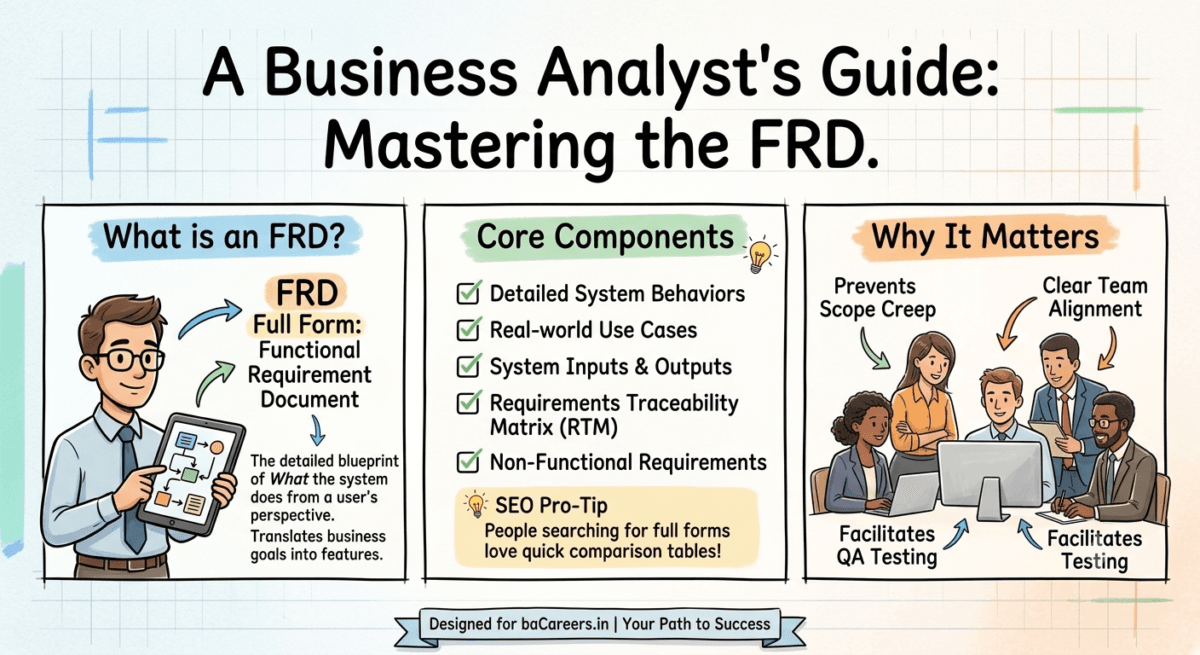 A Business Analyst guide to mastering the FRD breaking down the full form, core components like use cases, and why it matters to prevent scope creep.