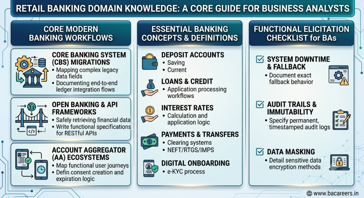 An infographic detailing retail banking domain knowledge for BAs, focusing on core banking systems, open banking APIs, and account aggregator frameworks.