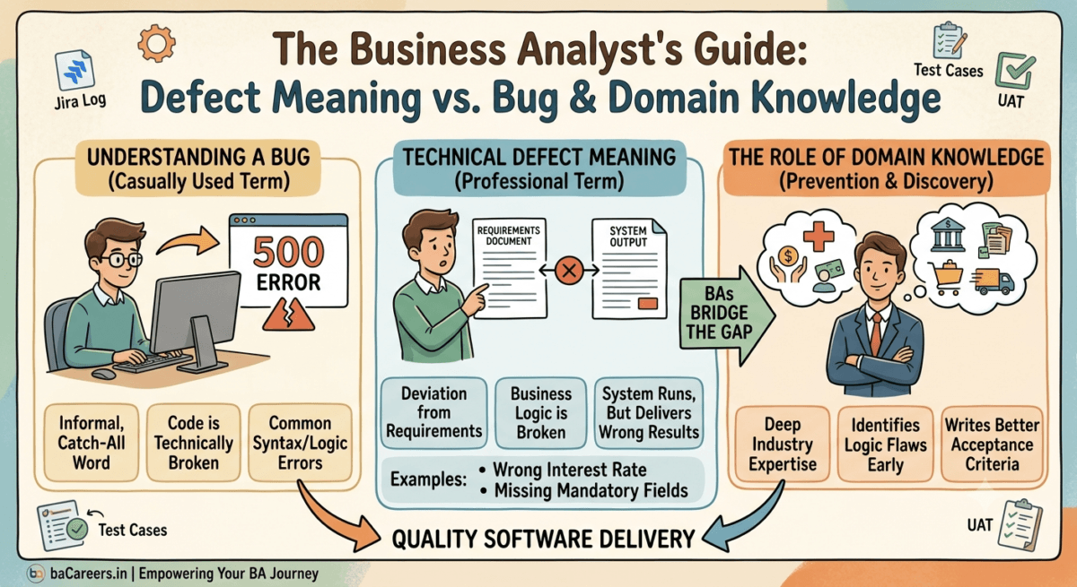 An educational guide explaining defect meaning vs software bugs, showing how a Business Analyst uses domain knowledge to log issues in a backlog.