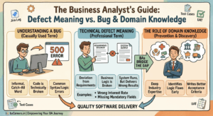An educational guide explaining defect meaning vs software bugs, showing how a Business Analyst uses domain knowledge to log issues in a backlog.