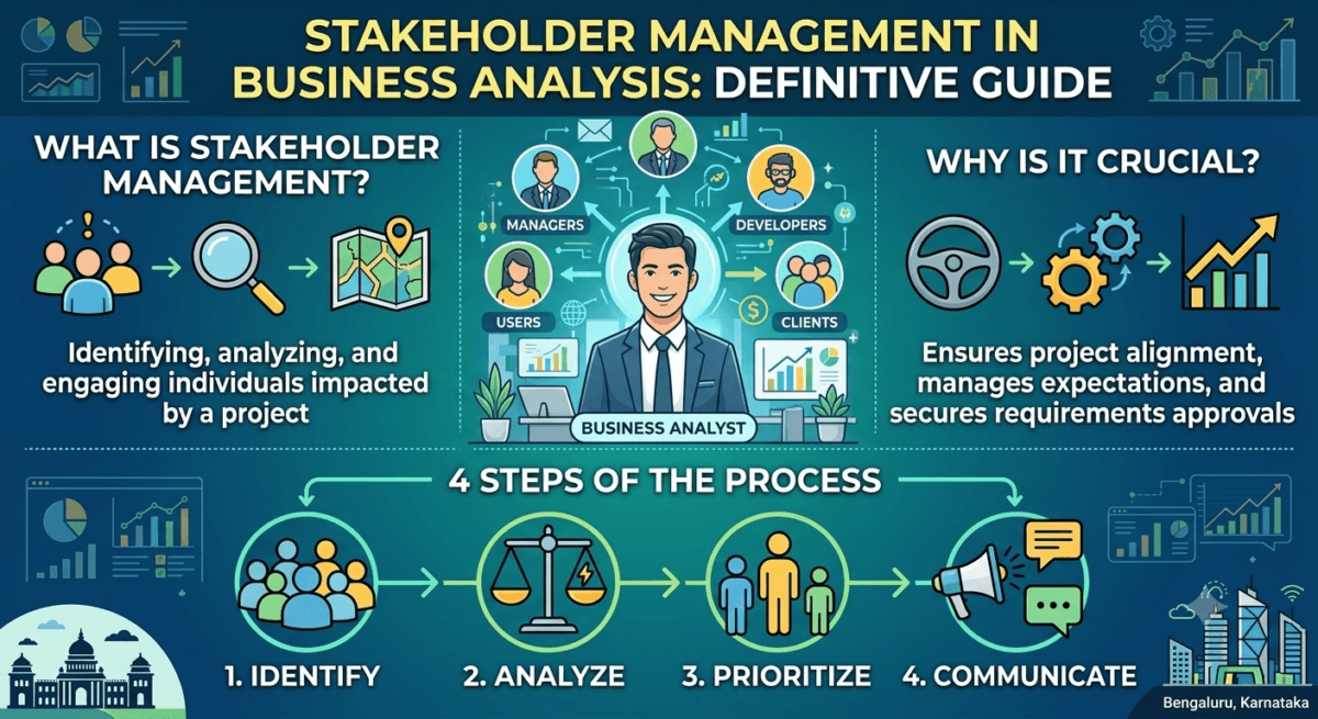 An infographic detailing stakeholder management in business analysis, showcasing the definition, importance, key stakeholder roles like managers and developers, and the 4 steps: identify, analyze, prioritize, and communicate.