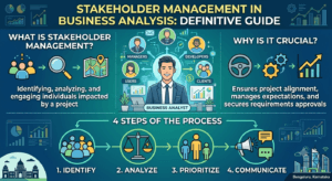 An infographic detailing stakeholder management in business analysis, showcasing the definition, importance, key stakeholder roles like managers and developers, and the 4 steps: identify, analyze, prioritize, and communicate.