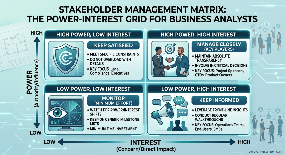 A comprehensive four-quadrant Stakeholder Management Matrix detailing the Power-Interest Grid strategies: Manage Closely, Keep Satisfied, Keep Informed, and Monitor for effective Business Analyst stakeholder analysis.