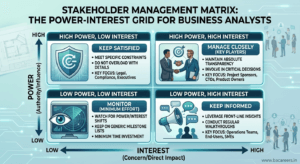A comprehensive four-quadrant Stakeholder Management Matrix detailing the Power-Interest Grid strategies: Manage Closely, Keep Satisfied, Keep Informed, and Monitor for effective Business Analyst stakeholder analysis.