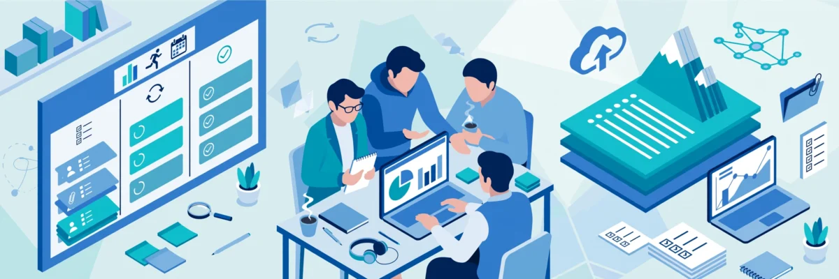 Isometric illustration of Agile team collaborating with Jira Kanban board showing sprints and user stories and Confluence documentation setup for Agile business analysts