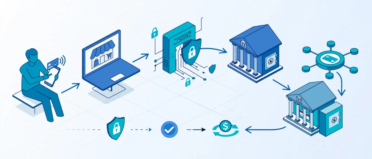 Isometric illustration showing payment gateway transaction life cycle from customer payment on mobile to merchant site, secure payment gateway, acquiring bank, card network, issuing bank, with authorization and settlement