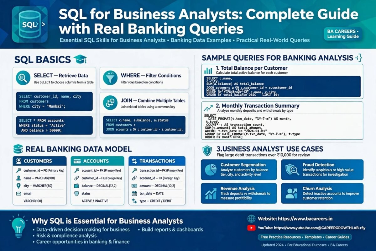 SQL for Business Analysts guide infographic showing SQL basics SELECT WHERE JOIN, real banking data model customers accounts transactions tables, sample queries total balance monthly transactions and BA use cases