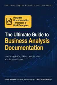 The Ultimate Guide to Business Analysis Documentation e-book cover about BRDs, FRDs, user stories, and process flows
