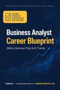 Business Analyst Career Blueprint e-book cover featuring skills, interview preparation, and AI trends