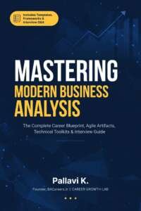Mastering Modern Business Analysis e-book cover about career development, Agile artifacts, technical toolkits, and interview preparation